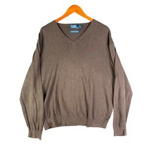 Polo Ralph Lauren V Neck 100% Pima Cotton Sweater Brown Green Logo Mens‎ 2XL EUC